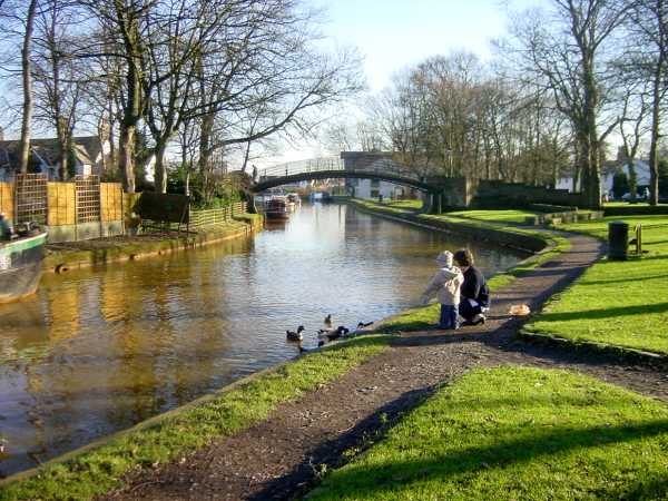 iron footbridge and The Granary, Worsley, on the Bridgewater Canal
